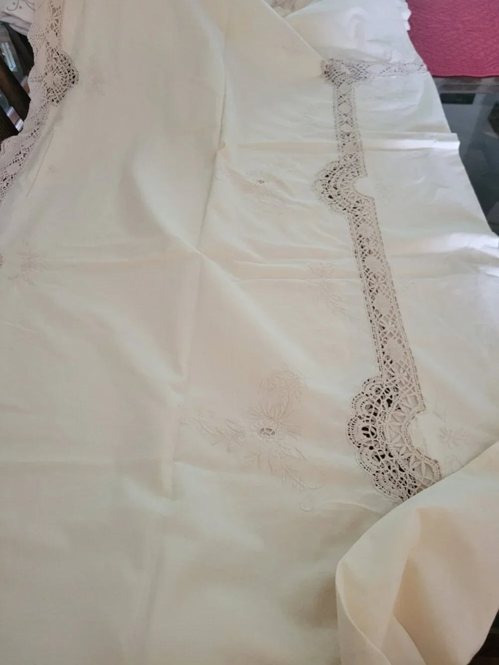 Vintage Cream Tablecloth with Embroidery and Crocheted Areas